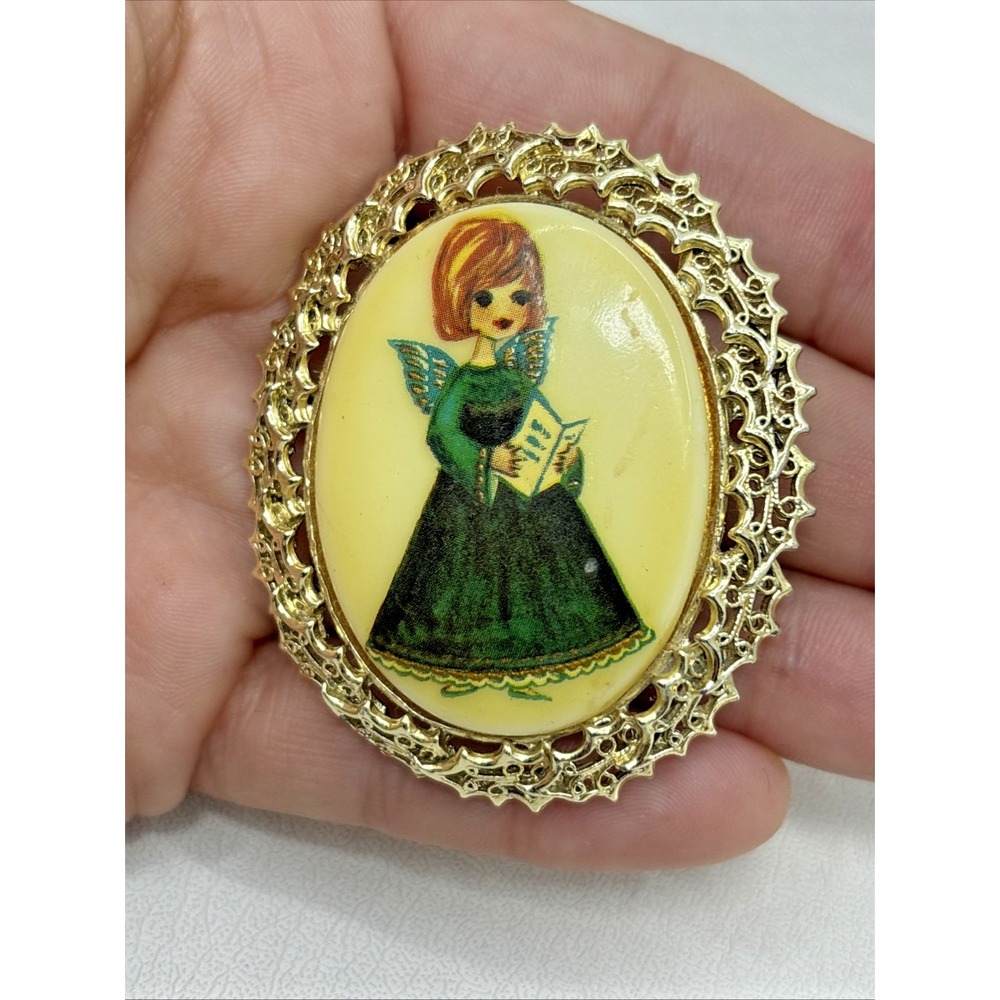 Mid Century Christmas Carol Angel Brooch Cameo Pin Signed Tancer II Milk Glass